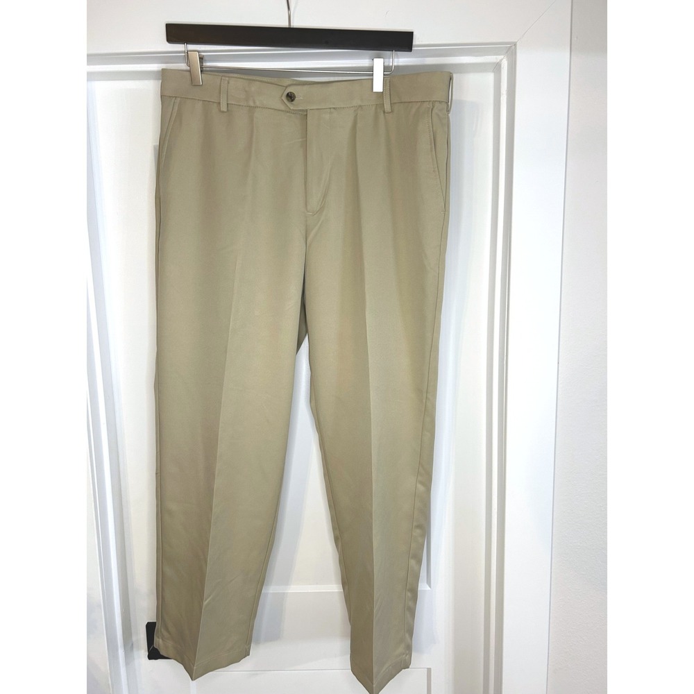IZOD Golf Classic Khaki Tan Flat Front Pants Mens 38x30 Polyester Twill Trousers